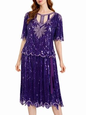 Vintage 2 piece purple all over sparkly sequin top and skirt set size XL